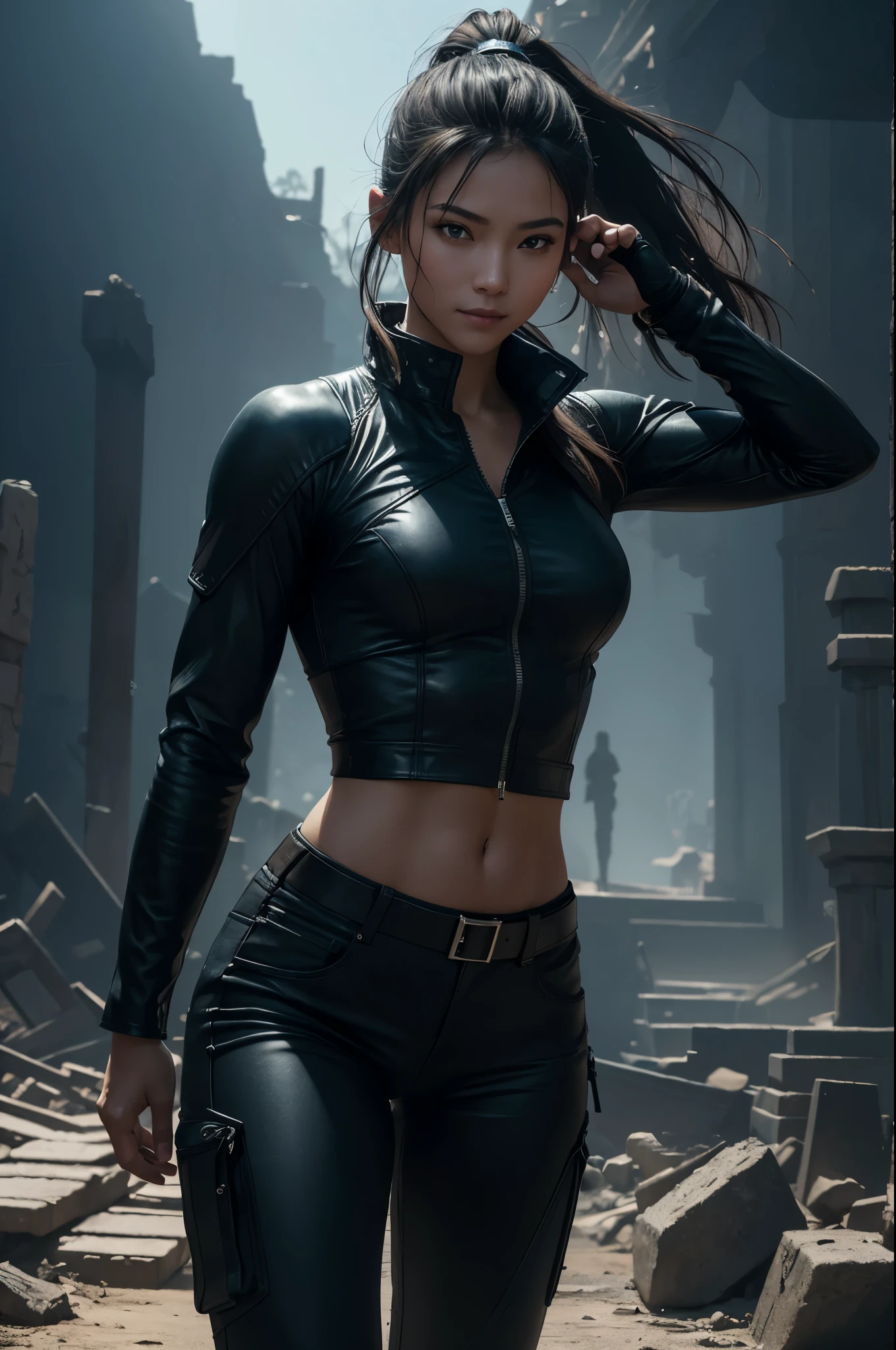 8K,younger sister,so beautiful(Like the real thing),Toned, muscular body,sexy,clear narrow eyes,black eye,Cool smile,Blue combat jacket,Black Shirt,Black combat pants,short,Compensate,Ultra-Realistic Skin,compensate,masterpiece,Photorealistic RAW photos of the highest quality。Bright colors,Rich colors, Backlight, Cinema Lighting, Film Grain, 50mm lens, Nikon D850,Detailed character art,Fantasy art,Ultra-high resolution,Ultra-Realistic Skin,Perfect hand shape,In front of the abandoned temple,Beautiful expression,close,Very small breasts,Muscular Beauty,Dynamic fighting pose,ponytail,