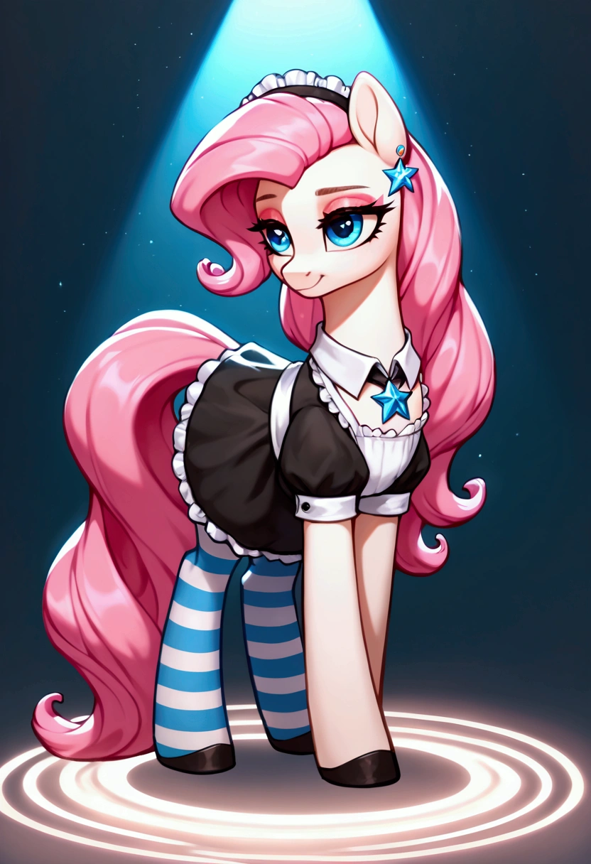 score_9,score_8_up,score_7_up,score_6_up, ((my little pony)), radiant lighting, vibrant colors, whimsical atmosphere, 8K, high resolution, highly detailed, masterpiece, ((brightness white body)), blue eyes, (maid costume), striped stockings, star pendant, earrings, eyeshadow, (very long pink hair:1.3), (((slutty:1.4)))