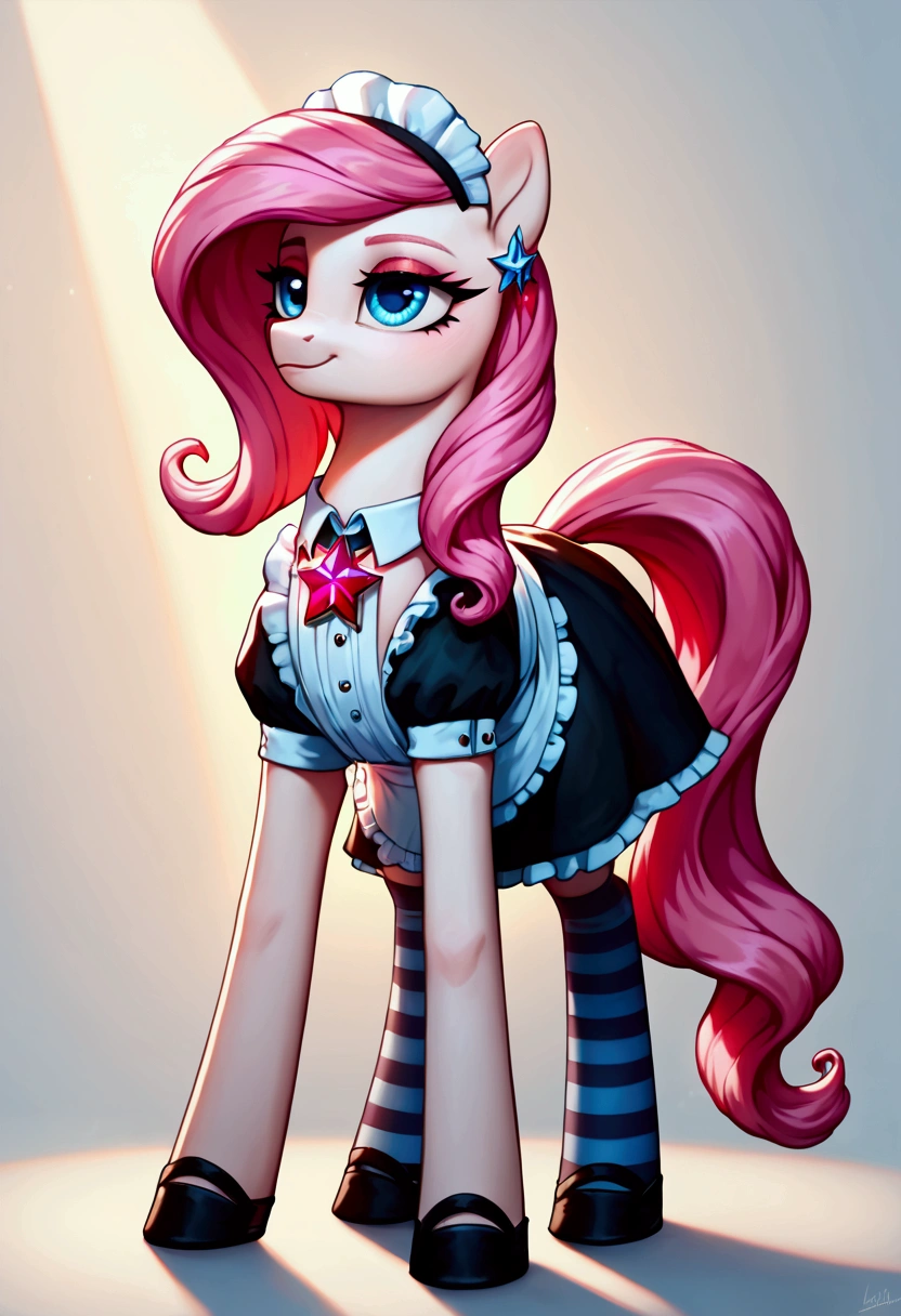 score_9,score_8_up,score_7_up,score_6_up, ((my little pony)), radiant lighting, vibrant colors, whimsical atmosphere, 8K, high resolution, highly detailed, masterpiece, ((brightness white body)), blue eyes, (maid costume), striped stockings, star pendant, earrings, eyeshadow, (very long pink hair:1.3), (((slutty:1.4)))