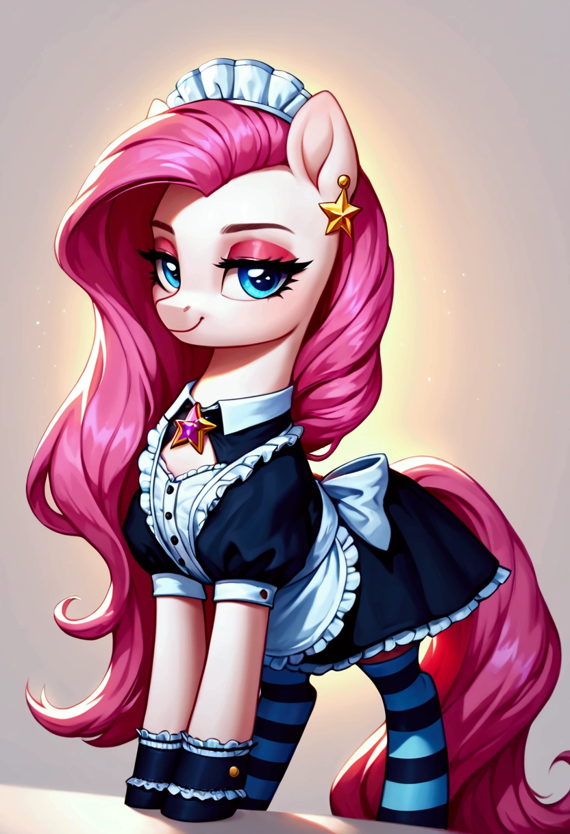 score_9,score_8_up,score_7_up,score_6_up, ((my little pony)), radiant lighting, vibrant colors, whimsical atmosphere, 8K, high resolution, highly detailed, masterpiece, ((brightness white body)), blue eyes, (maid costume), striped stockings, star pendant, earrings, eyeshadow, (very long pink hair:1.3), (((slutty:1.4)))