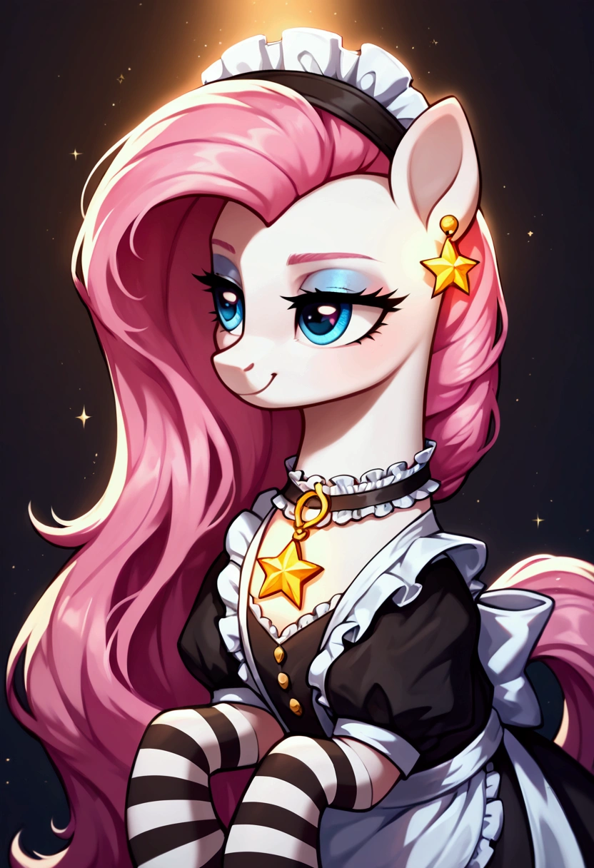score_9,score_8_up,score_7_up,score_6_up, ((my little pony)), radiant lighting, vibrant colors, whimsical atmosphere, 8K, high resolution, highly detailed, masterpiece, ((brightness white body)), blue eyes, (maid costume), striped stockings, star pendant, earrings, eyeshadow, (very long pink hair:1.3), (((pretty slutty:1.4)))