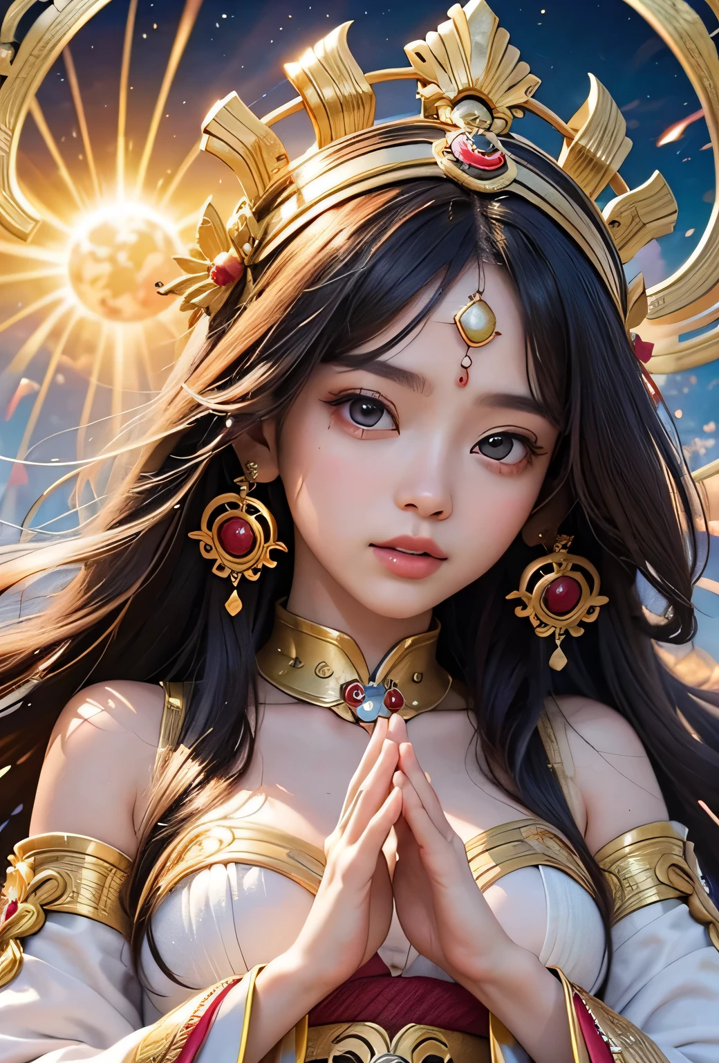 "Child of the Sun, Goddess of Love": Within a sacred sanctuary bathed in sunlight, depict the figure of a sun goddess who governs love, facing forward and emanating divine radiance. She is a , around . Zoom in to focus on her face, with a gleaming orb of light in her hands, representing the life-giving power of the sun. Her hair is shimmering gold, and she is wearing a traditional miko outfit as seen in Japanese shrines. The background should be predominantly gold, evoking a sense of divine splendor, with numerous heart-themed objects expressing the beauty of love. The setting is in heaven, enveloped in soft, bright light, where one can find tranquility and peace of mind, free from any trace of anxiety.Straight-on.
