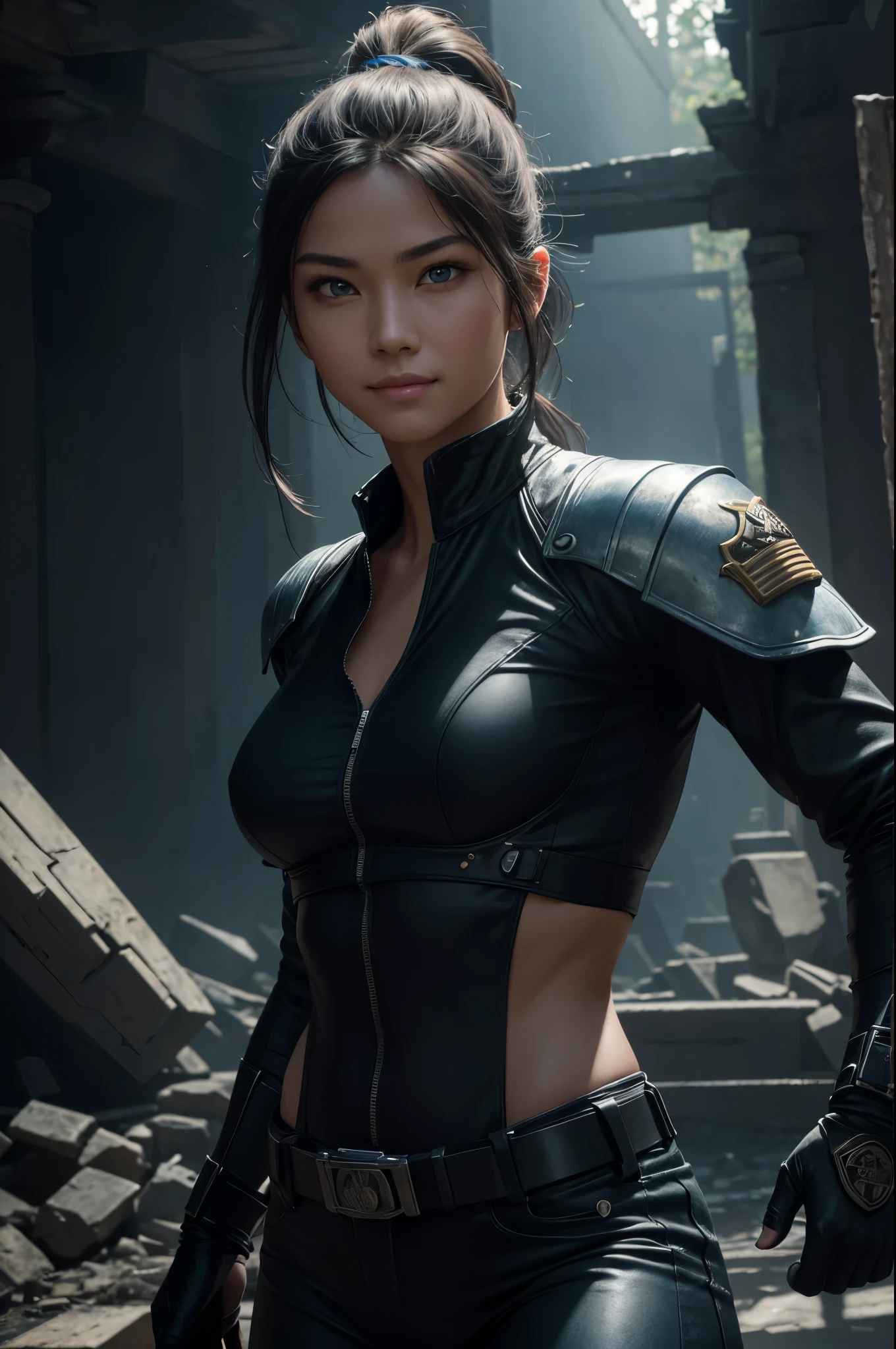 8K,younger sister,so beautiful(Like the real thing),Toned, muscular body,sexy,clear narrow eyes,black eye,Cool smile,Blue combat jacket,Black Shirt,Black combat pants,short,Compensate,Ultra-Realistic Skin,compensate,masterpiece,Photorealistic RAW photos of the highest quality。Bright colors,Rich colors, Backlight, Cinema Lighting, Film Grain, 50mm lens, Nikon D850,Detailed character art,Fantasy art,Ultra-high resolution,Ultra-Realistic Skin,Perfect hand shape,In front of the abandoned temple,Beautiful expression,close,Very small breasts,Muscular Beauty,Dynamic fighting pose,ponytail,