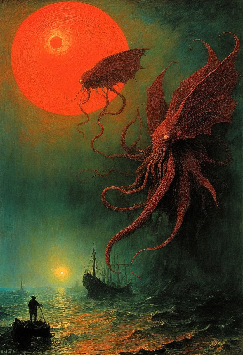 Mythical creatures, author：Zdzislaw Beksiński and Vincent van Gogh, Red moon and big eyeucha、Cthulhu