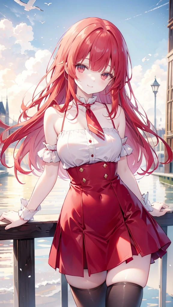 Long Red Hair、Straight bangs、Slanted Eyes、smile、Shoulder Bare、Chest、skirt、tights、Cities of France、gulf coast