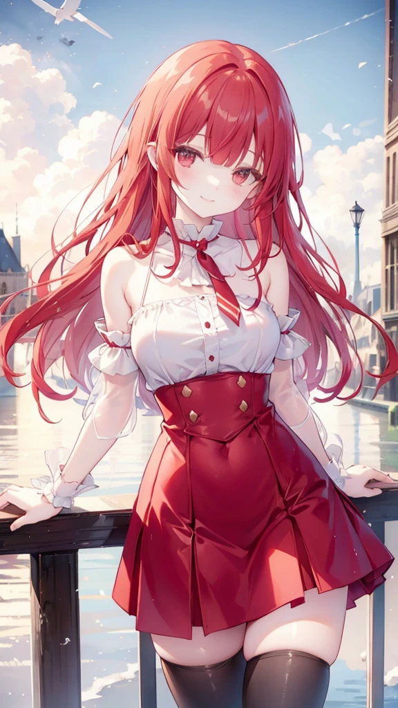Long Red Hair、Straight bangs、Slanted Eyes、smile、Shoulder Bare、Chest、skirt、tights、Cities of France、gulf coast