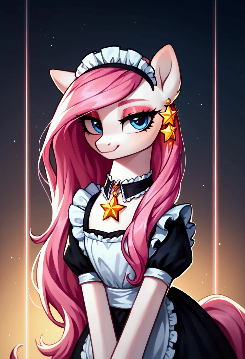 score_9,score_8_up,score_7_up,score_6_up, ((my little pony)), radiant lighting, vibrant colors, whimsical atmosphere, 8K, high resolution, highly detailed, masterpiece, ((brightness white body)), blue eyes, (maid costume), striped stockings, star pendant, earrings, eyeshadow, (very long pink hair:1.3), (((seductive slut:1.4)))