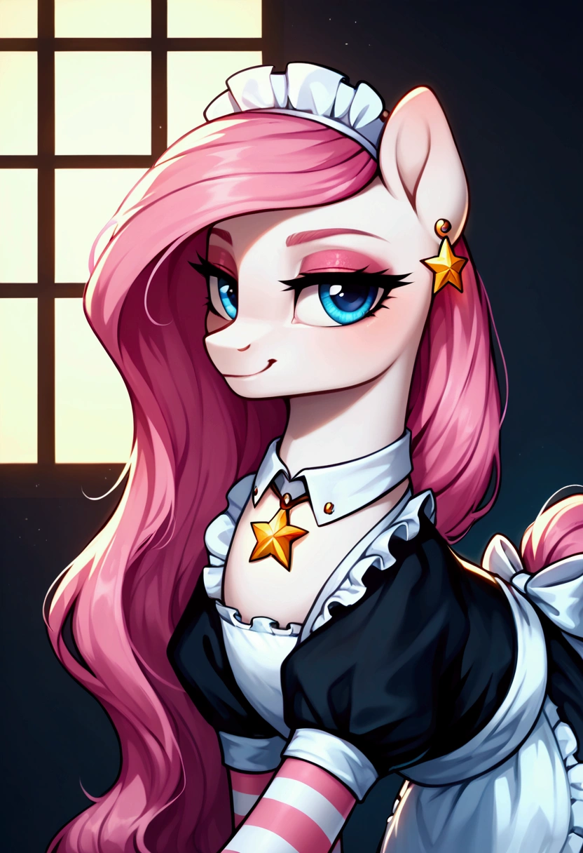 score_9,score_8_up,score_7_up,score_6_up, ((my little pony)), radiant lighting, vibrant colors, whimsical atmosphere, 8K, high resolution, highly detailed, masterpiece, ((brightness white body)), blue eyes, (maid costume), striped stockings, star pendant, earrings, eyeshadow, (very long pink hair:1.3), (((seductive slut:1.4)))