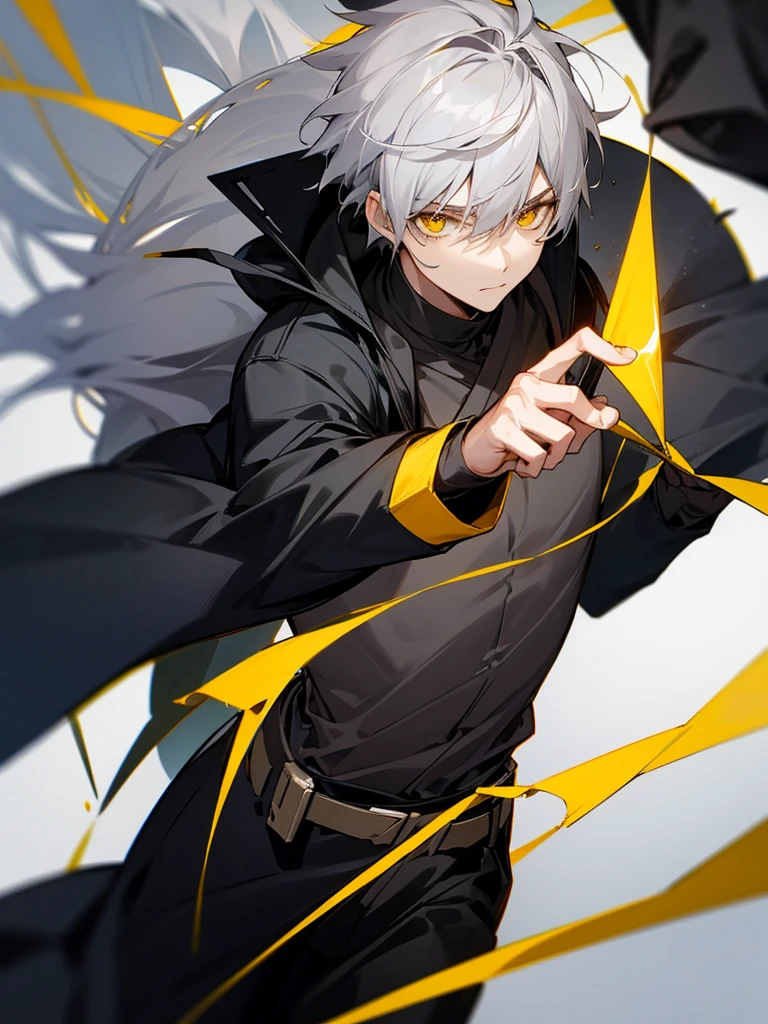 Male character with gray hair and yellow eyes and black clothes 