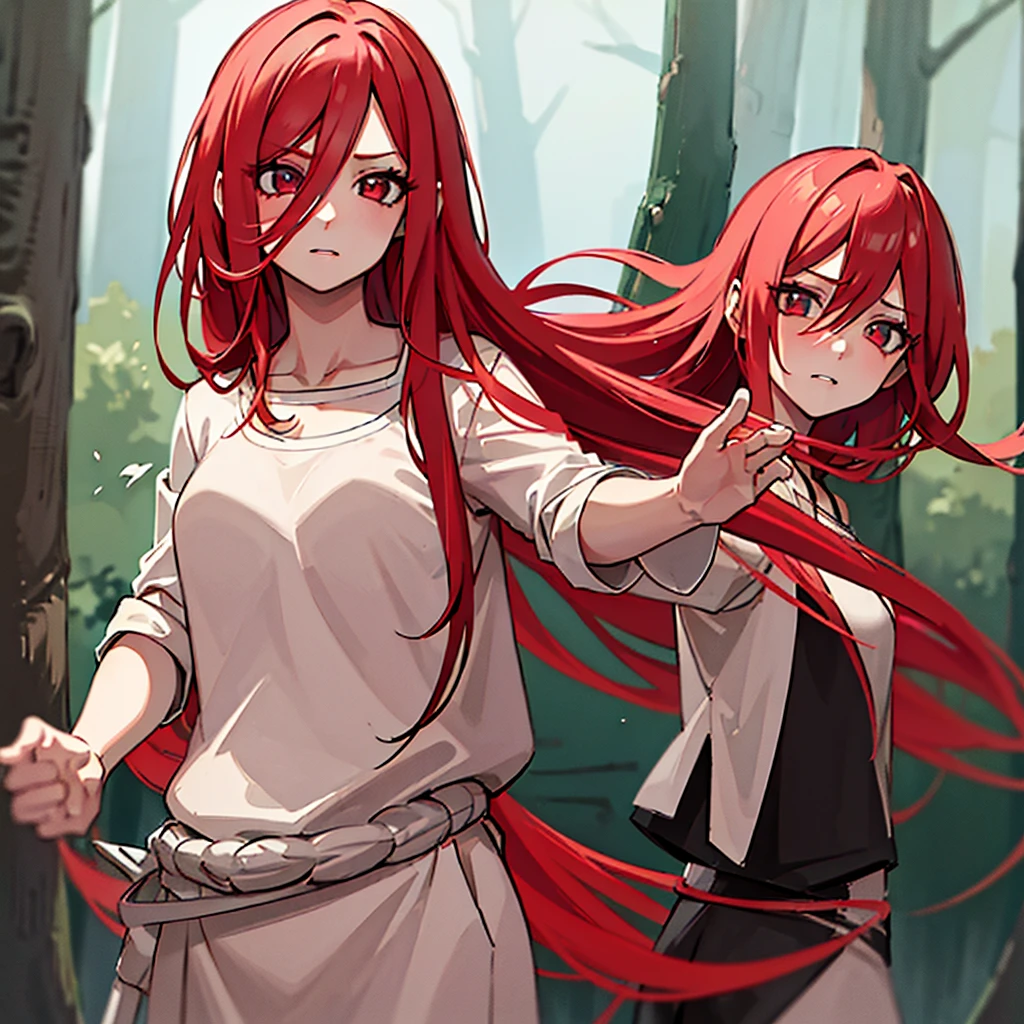 "Masterpiece, high quality, (cheered up), Best Quality, 1 girl, dynamic lighting, simple background, Red hair, Red eyes, ((15 years)), beautiful face, pretty eyes, beautiful background, (((Very detailed eyes and face.))), session, dynamic pose, forest background, upset expression.