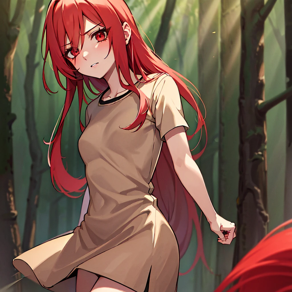 (best quality, masterpiece), official art, illustration, ligne claire, highres, absurdres, ultra-detailed, 8k, cel shading, 1girl, long red hair, forest, sakura, leafs, tree, Plunge Neck Rib Crop Tank Top, red skirt, brown boots, high res, ultrasharp, 8K, masterpiece,1 girl, full body, (a beautiful young woman: 1.1), beautiful detailed eyes, (looking at the viewer), vibrant, clothing, posing, colorful, dynamic, background, elements, confident, expression, majestic, cover, eye-catching, anime coloring, (anime screencap:1.2), fantasy setting