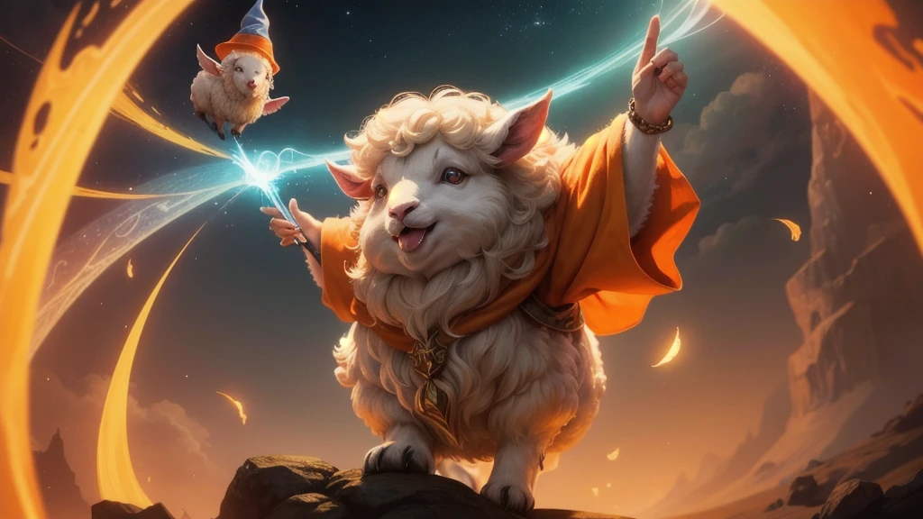 a wizard lamb is wizarding, laughing, he is on the air, there is nothing and nobody in the scene except the lamb, the background is fully orange.