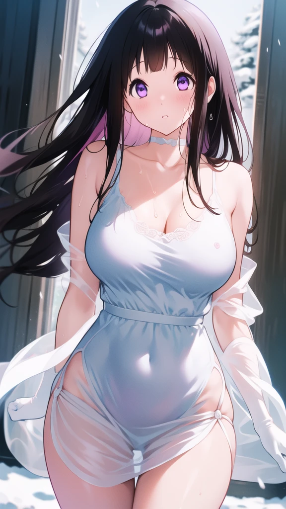 Amazing Chitanda, There is only one beautiful girl,Purple Eyes, Black Hair, Very red face,Very white skin,Glowing skin,Skin as delicate as porcelain,Naturally straight hair, Straight bangs,Extremely refined,Open lips,Long flowing hair,Beautiful Girl, Like a dream,Slim,Slim waist,Soft, (Sensual), (Kawaii), Dream quality,Beautiful big breasts,White transparent loose dress,Areola,Completely naked,Lower edge of breast,White gloves,Flower decoration,Deep V neckline,Loose neckline,Wide neckline,In school,The wind blows the hair,Place your hands on your inner thighs,Thighs clamp hands,Wet skin,Sweaty and sweaty,Sweating all over,On the snow,Back to,Hips,Side body,Gluteal groove,Completely naked的臀部,Bare back,Completely naked的背部,Light transmission,(no pants),nopan,pussy juice,Bare shoulders,There are no shoulder straps,Bare neck,Exposed collarbone,Exposing breasts,Exposing breasts侧面,Exposing breasts下面,Show your waist,Show your buttocks,Show your thighs,Exposing the groin,(No pants),extremely shy,Ultra-high resolution, (masterpiece:1.2, best quality), (Delicate and beautiful eyes: 1.2), (Beautiful and delicate face)
