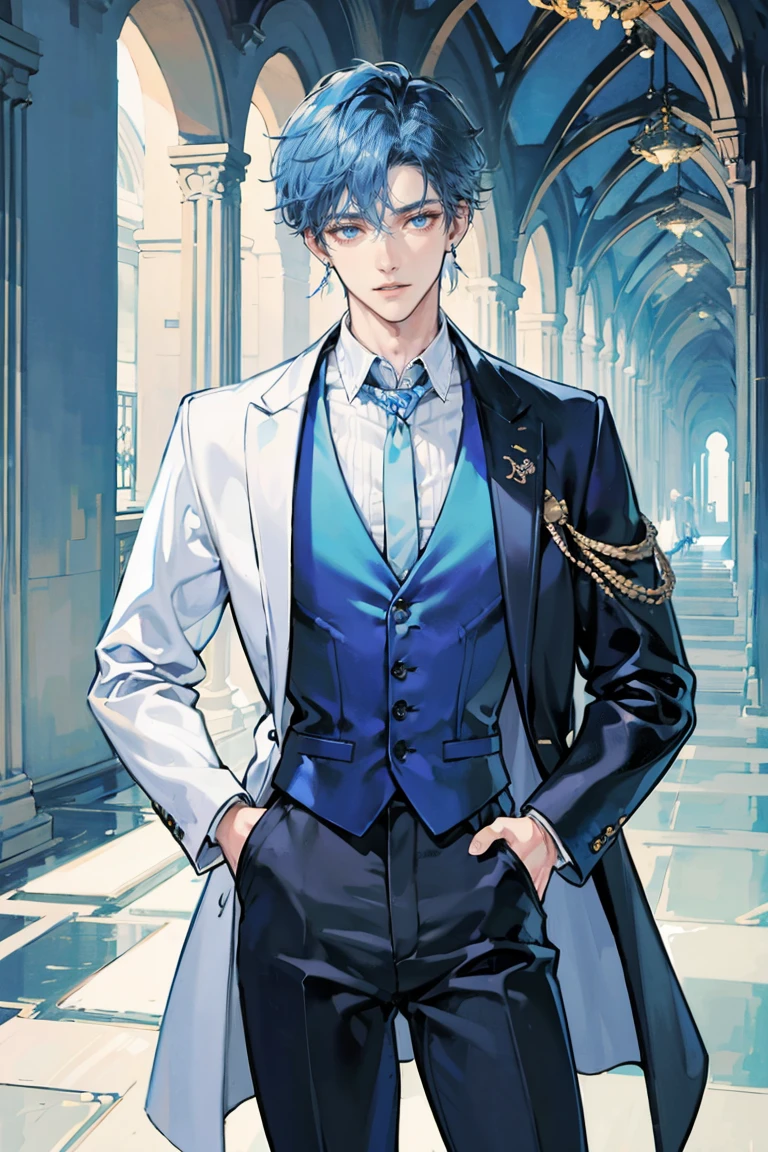 (masterpiece), best quality, seductive eyes, perfect face, handsome man, blue eyes, messy light blue hair, long nose, tan brown skin, plain white t shirt, blue vest, black pants, extremely tall man, long legs, long calves, full body, tall man, long legs, anime cover, 1boy, ear piercings, facial piercings, hands in pockets, adult-like look, bad boy