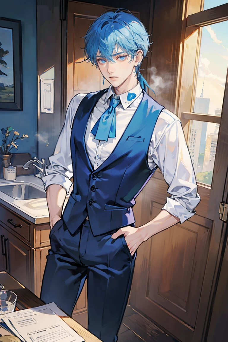 (masterpiece), best quality, seductive eyes, perfect face, handsome man, blue eyes, messy light blue hair, long nose, tan brown skin, plain white t shirt, blue vest, black pants, extremely tall man, long legs, long calves, full body, tall man, long legs, anime cover, 1boy, ear piercings, facial piercings, hands in pockets, adult-like look, bad boy
