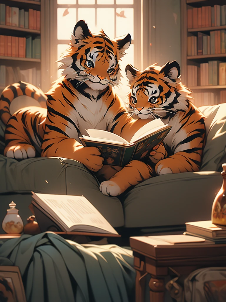 tiger cubs reading in a library.