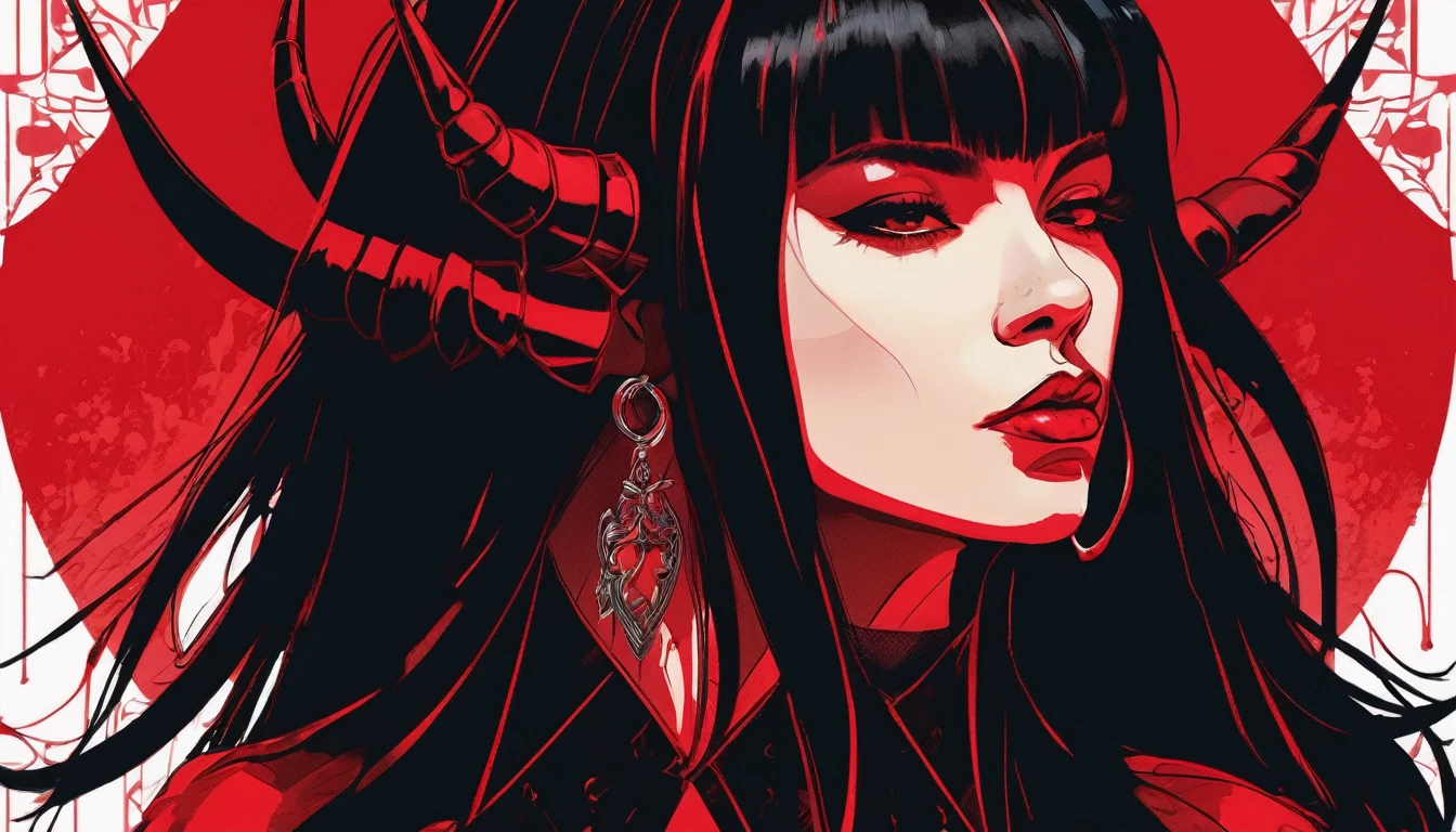 Stylized portrait of a woman with demonic appearance against a vibrant red background. She has long, straight black hair, straight bangs, and curved horns protruding from her head. Her eyes are red and her skin is pale. She wears a black outfit that exposes her shoulders. There's an inverted cross earring on her pointed ear. Her expression is serious and seductive, with full, parted lips. The artistic style is a blend of anime and realistic digital art, with contrasting black and red colors dominating the composition.