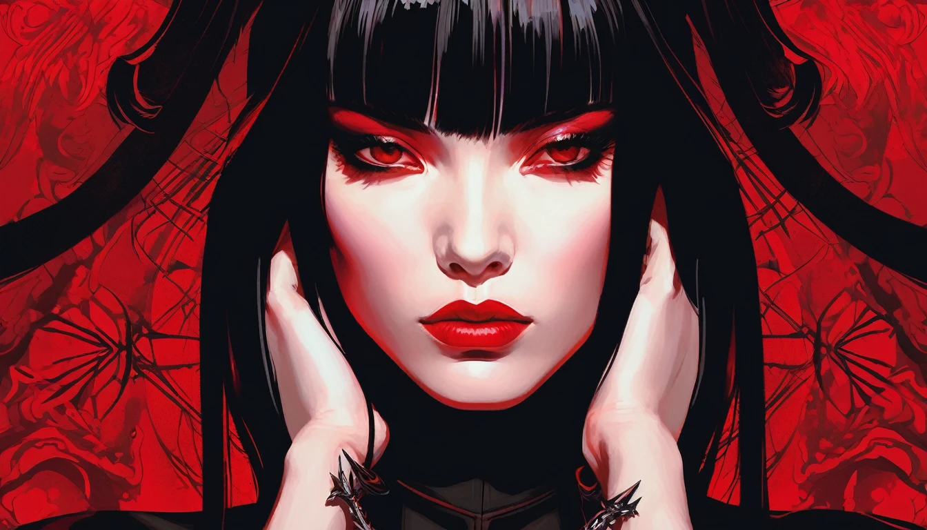 Stylized portrait of a woman with demonic appearance against a vibrant red background. She has long, straight black hair, straight bangs, and curved horns protruding from her head. Her eyes are red and her skin is pale. She wears a black outfit that exposes her shoulders. There's an inverted cross earring on her pointed ear. Her expression is serious and seductive, with full, parted lips. The artistic style is a blend of anime and realistic digital art, with contrasting black and red colors dominating the composition.