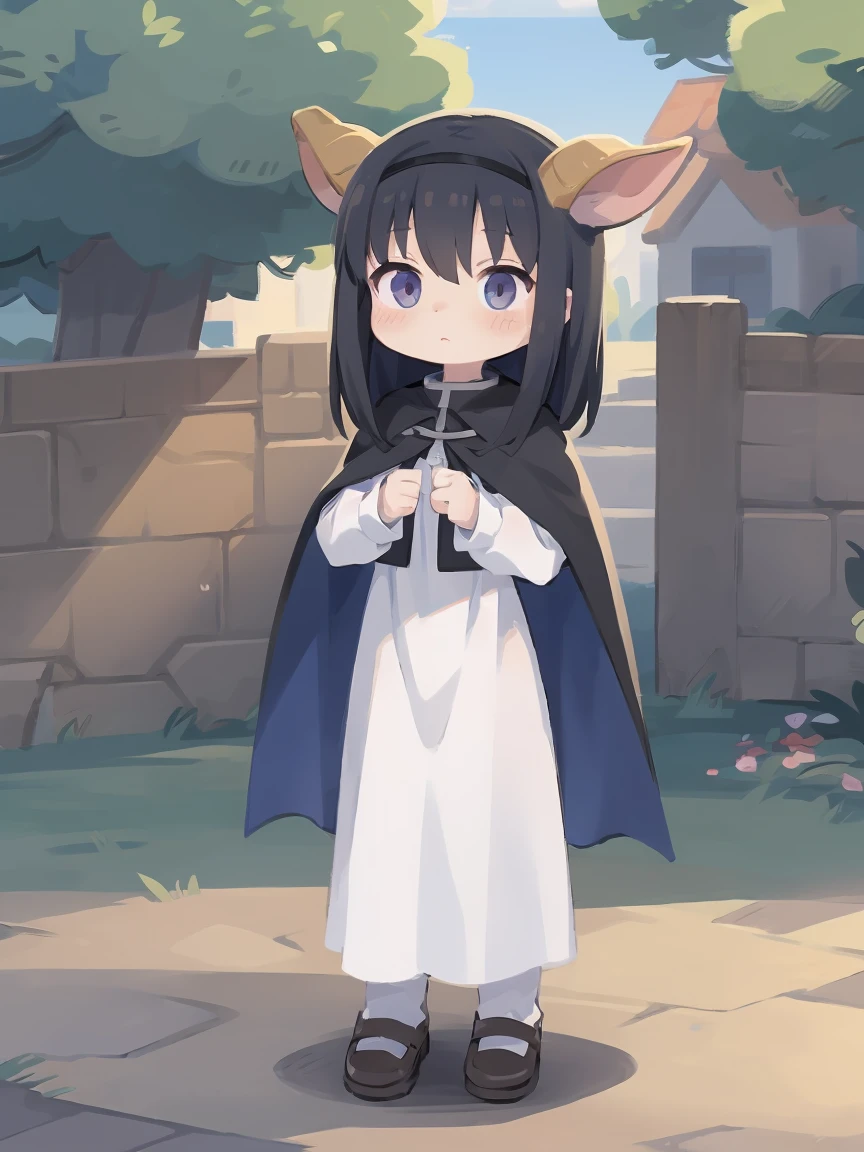 a cartoon image of a girl in a blue cape and white dress, an anime drawing by Jin Homura, pixiv, anime style like fate/stay night, black hair, goat horns, standing, full body