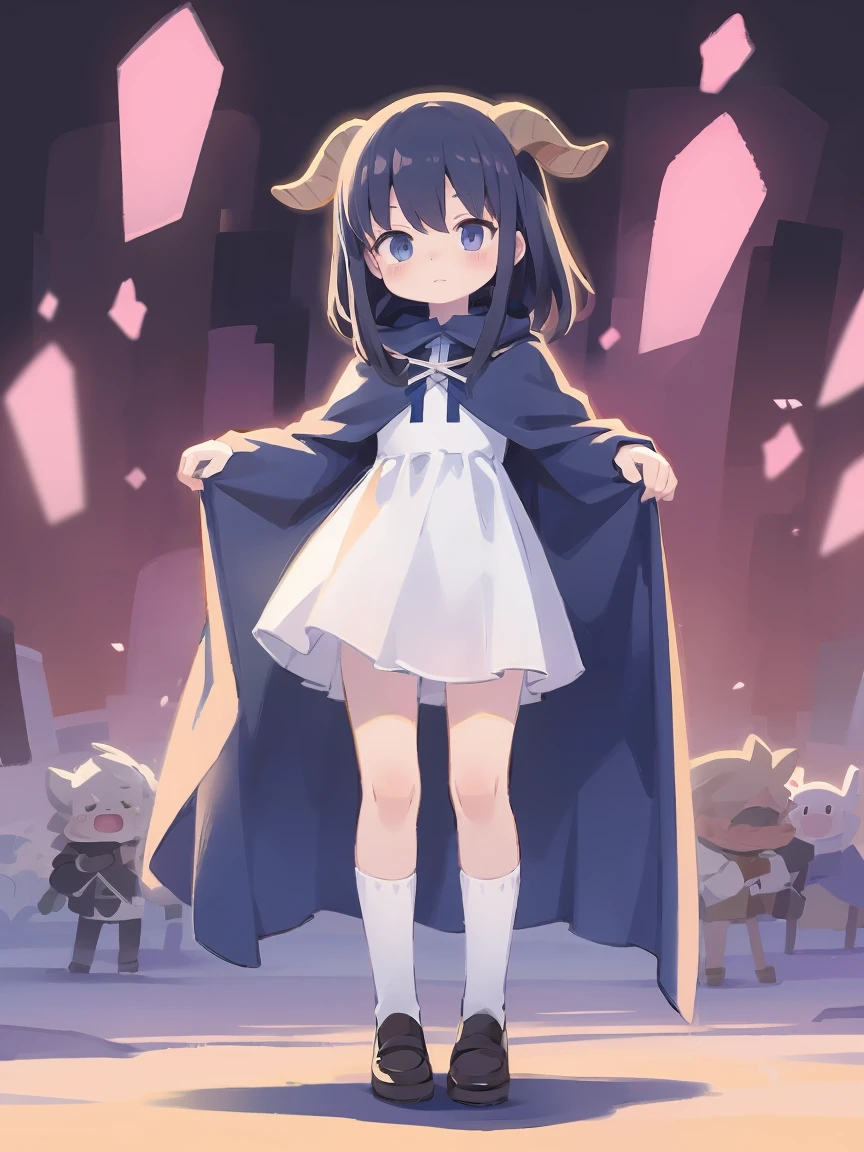 a cartoon image of a girl in a blue cape and white dress, an anime drawing by Jin Homura, pixiv, anime style like fate/stay night, black hair, goat horns, standing, full body