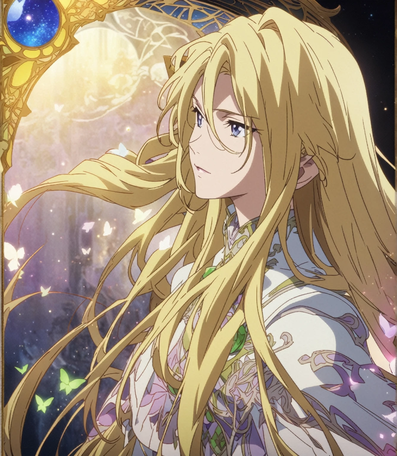 Close-up of a long-haired person and butterflies, Portrait of the Magical Blonde Prince, ((Beautiful Fantasy Empress)), Beautiful androgynous prince, A delicate androgynous prince, anime key visual of elegant, Long, flowing, gorgeous blonde hair, Anime Art Nouveau Space Display, Detailed Key Anime Art, Shadowverse Style, Flowing hair and long robes