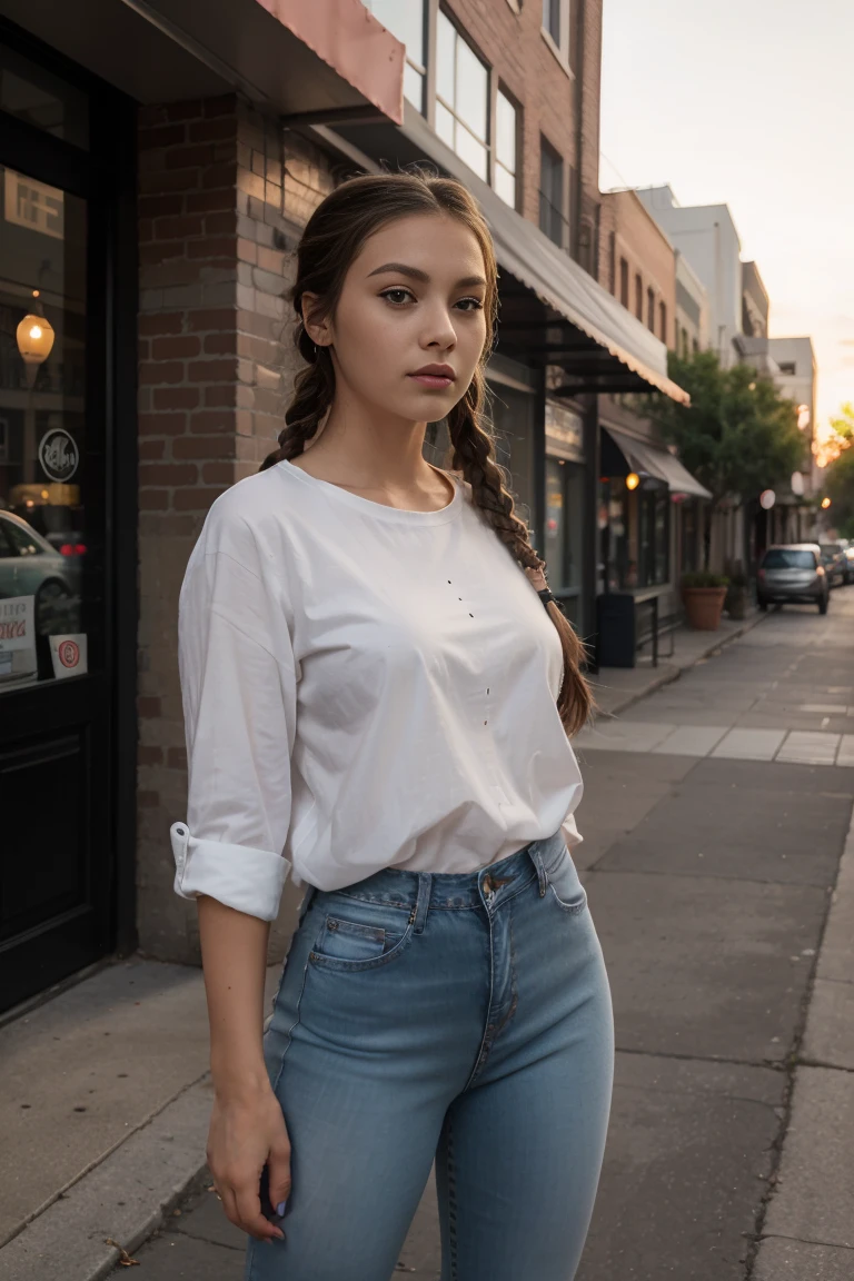 a young woman, in a white shirt, full body , in downtown , beautiful detailed eyes, beautiful detailed lips, wears long, Wears light brown tight jeans with holes in the jeans, her hair is braided, it's sunset
