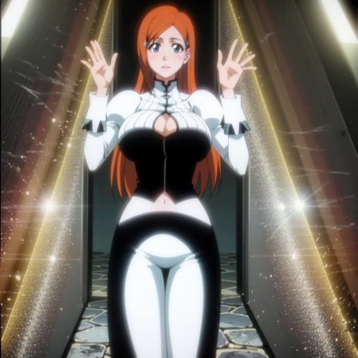 Orihimesomakj, orange hair, navel, cleavage, midriff, crop top, clothing cutout, cleavage cutout,white long skirt,puffy sleeves,looking at viewer ,realistic,shiny skin,gigantic breasts,(beautiful face:1.1),(masterpiece, high quality:1.2) gigantic breasts, motherly, porcelain skin,mature female,