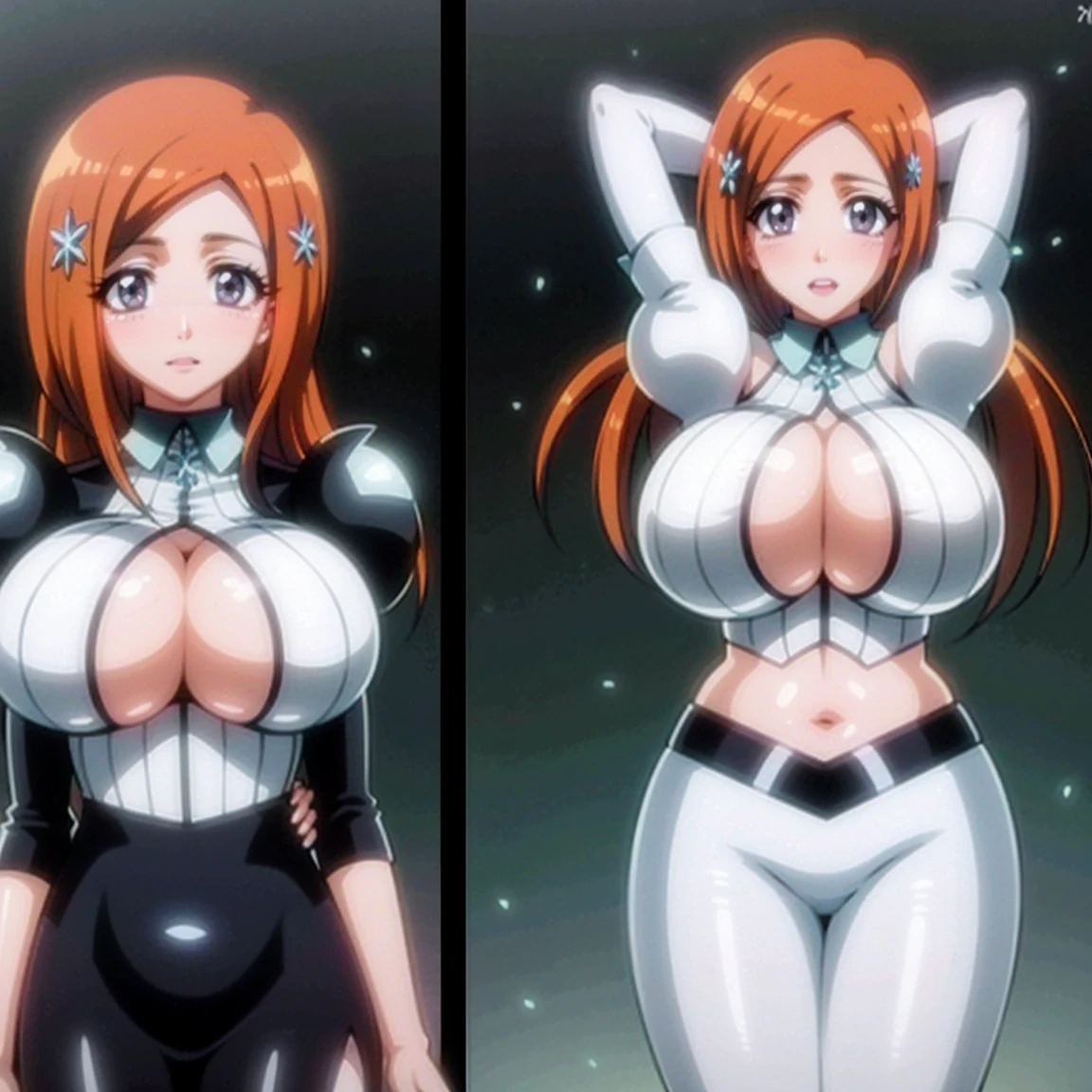 Orihimesomakj, orange hair, navel, cleavage, midriff, crop top, clothing cutout, cleavage cutout,white long skirt,puffy sleeves,looking at viewer ,realistic,shiny skin,gigantic breasts,(beautiful face:1.1),(masterpiece, high quality:1.2) gigantic breasts, motherly, porcelain skin,mature female,