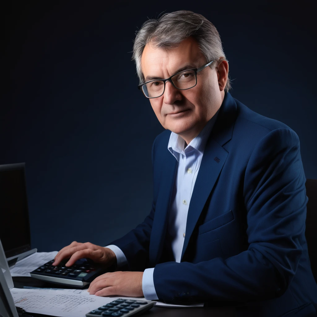 a middle-aged accountant working at a computer, calculator, dark background, blue blazer, photographic