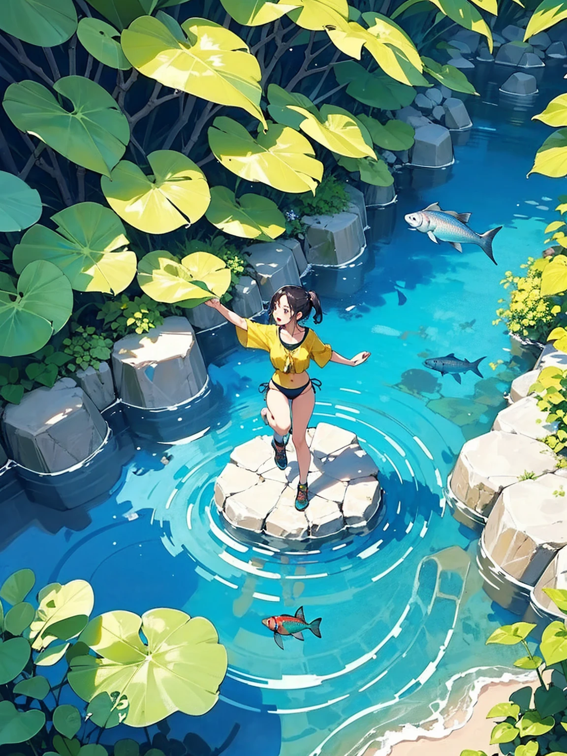 Woman walking on calm water, ((from above:1.5)), From above, Overlooking、Dancing Woman、Bottom Fish, Aquatic plants, Pool, Fish shadow

