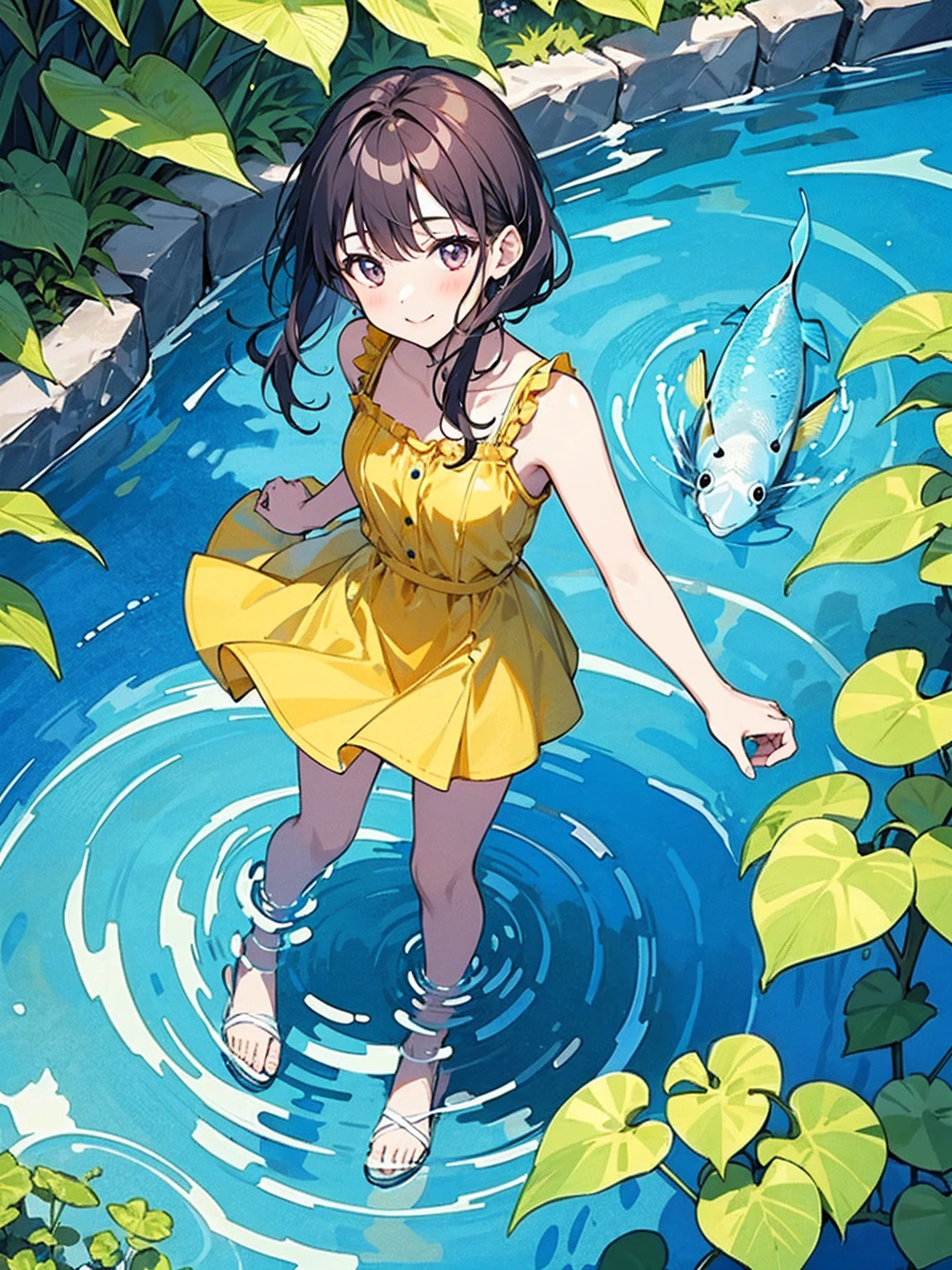 Woman walking on calm water, ((from above:1.5)), From above, Overlooking、Dancing Woman、Bottom Fish, Aquatic plants, Pool, Fish shadow