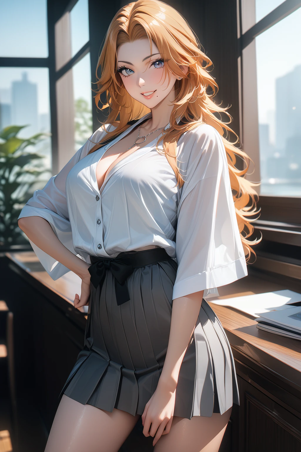 ((最high quality, 8K, masterpiece)), High resolution、（high quality: 1.5）、Very detailed、Detailed face、Bright colors、Natural light、Fine grain、Colorful eyes、Beautiful Face、Highly detailed face texture of a woman,masterpiece, 最high quality, Detailed and beautiful eyes,最high quality、Best image quality、masterpiece,girl,smile,matsumoto rangiku,orange hair,medium Breasts),grin,,white shirt,gray skirt,hand on hip,mole under mouth,Just beautiful,masterpiece,Alluring、最high quality、so beautiful,High resolution,1girl, 独奏,make up,smile,mature female,make,(masterpiece:1.2)、(最high quality:1.2)、Latest Glossy Skin