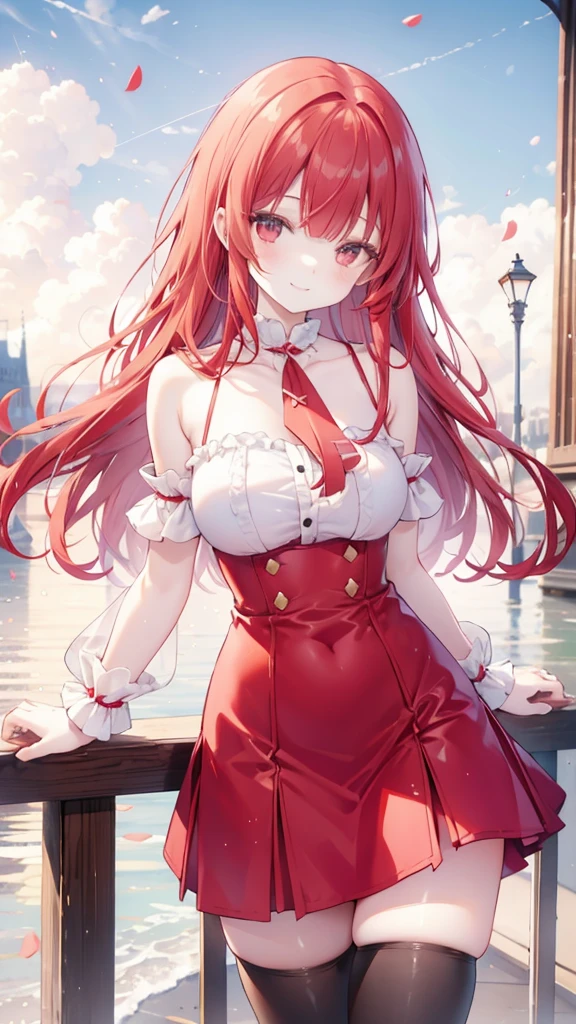 Long Red Hair、Straight bangs、Slanted Eyes、smile、Shoulder Bare、Chest、skirt、tights、Cities of France、gulf coast