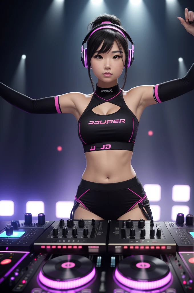 The upper part of the body, Female DJ,Look at the crowd，high qulity，8k，super-fine，dynamic viewing angle