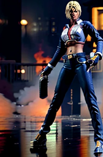 Blue Mary (The King of Fighters) Mariam, Best Quality, (Beauty), 1 Girl, Physically Based Rendering, Ultra High Resolution, (Cowboy Shot: 1.5), Shaped Waist, Skinny, Leona MS, muscular, big blue eyes, long legs, jeans, leather belt, , puffy eyes, leather belt, (rainy city), shiny skin, face-to-face audience, defeated posture, collapses