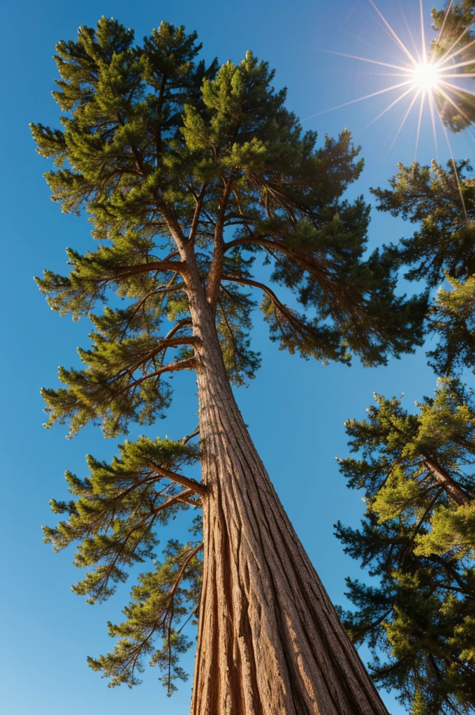 Image of a cedar tree from root to tip with a light blue background Realistic