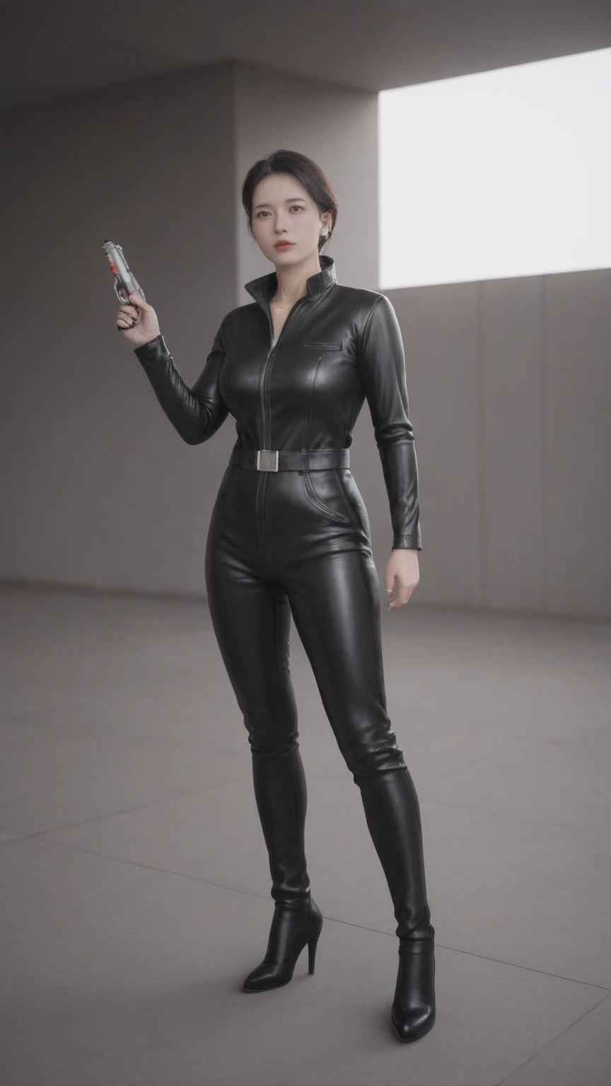 realistic,score_9, score_8_up, score_7_up, cyberpunk style，30-year-old mature and charming woman，Leather jumpsuit covers the whole body，full breasts，High-heeled leather shoes，Pointing a laser gun at me，open fire，（There are many small pieces of gravel floating in the air around me.:1.5），Beautiful，Glowing special effects，celluloid style，Flat coating，HD，CG art，comics，8K，looking into camera，high quality，illustration，Vaporwave style，rim light，movie lighting，Super detailed，complex，OC renderer，cinematic perspective，high resolution