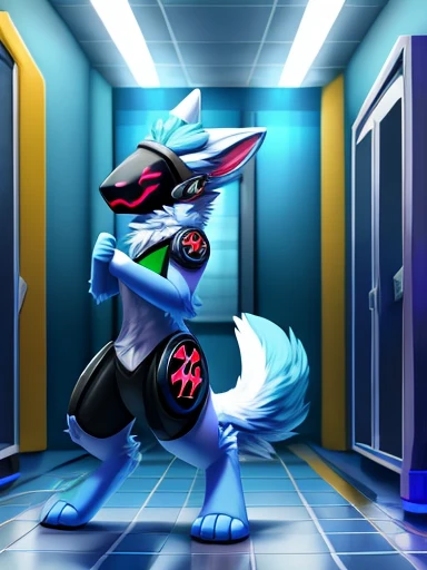  testing, laboratory hallway, laboratory flooring, laboratory, lab, laboratory engineering, lab coat, on the job. digital art anime , Cartoon art, not realistic, a light blue protogen, sitckingProtogen, looking at viewer,a little to the side,light blur fur, dark blue visor,solo, cartoon, (highly detailed illustration:1.2), best quality, masterpiece, solo, protogen, (protogen face:1.1), (protogen visor:1.1), tail, torso, light blue fur, standing, laboratory flooring, laboratory hallway, fluorescent lighting, holding a large dangerous electrifying weapon  with red eyes  looking angry towards the viewer, in a battle pose ready to attack at the viewer pointing the weapon , in a lab with some natural lighting ,  Ray tracing lighting, with really good shading,