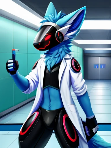 testing, laboratory hallway, laboratory flooring, laboratory, lab, laboratory engineering, lab coat, on the job. digital art anime , Cartoon art, not realistic, a light blue protogen, sitckingProtogen, looking at viewer,a little to the side,light blur fur, dark blue visor,solo, cartoon, (highly detailed illustration:1.2), best quality, masterpiece, solo, protogen, (protogen face:1.1), (protogen visor:1.1), tail, torso, light blue fur, standing, laboratory flooring, laboratory hallway, fluorescent lighting, holding a large dangerous electrifying weapon with red eyes looking angry towards the viewer, in a battle pose ready to attack at the viewer pointing the weapon , in a lab with some natural lighting , Ray tracing lighting, with really good shading,