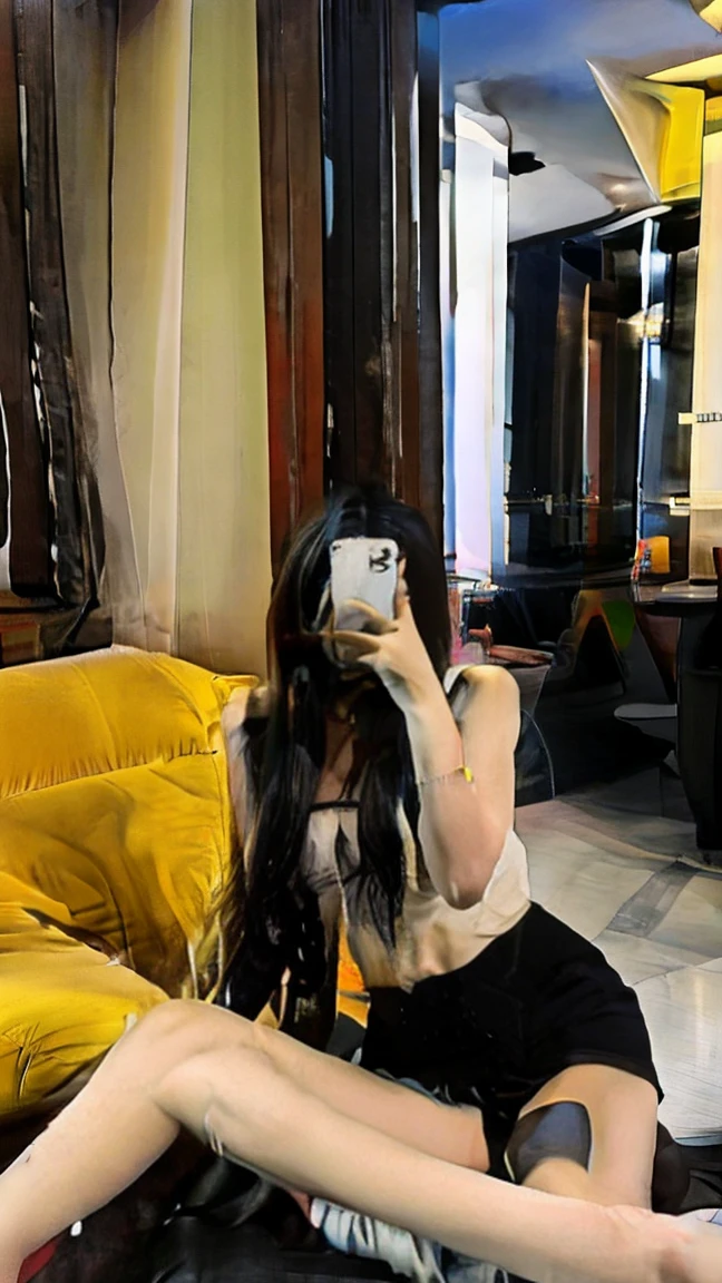 a beautiful asian woman taking a selfie on a mobile phone in a bedroom,super realistic,white skin tone,152cm,42KG,65E cup,loose medium length hair,tight white low-cut top,black shorts:1.2,best quality,4k,8k,highres,masterpiece:1.2,ultra-detailed,realistic,photorealistic,photo-realistic:1.37,HDR,UHD,studio lighting,ultra-fine painting,sharp focus,physically-based rendering,extreme detail description,professional,vivid colors,bokeh,portrait,Wear BLACK stockings