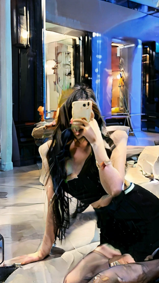 a beautiful asian woman taking a selfie on a mobile phone in a bedroom,super realistic,white skin tone,152cm,42KG,65E cup,loose medium length hair,tight white low-cut top,black shorts:1.2,best quality,4k,8k,highres,masterpiece:1.2,ultra-detailed,realistic,photorealistic,photo-realistic:1.37,HDR,UHD,studio lighting,ultra-fine painting,sharp focus,physically-based rendering,extreme detail description,professional,vivid colors,bokeh,portrait,Wear BLACK stockings