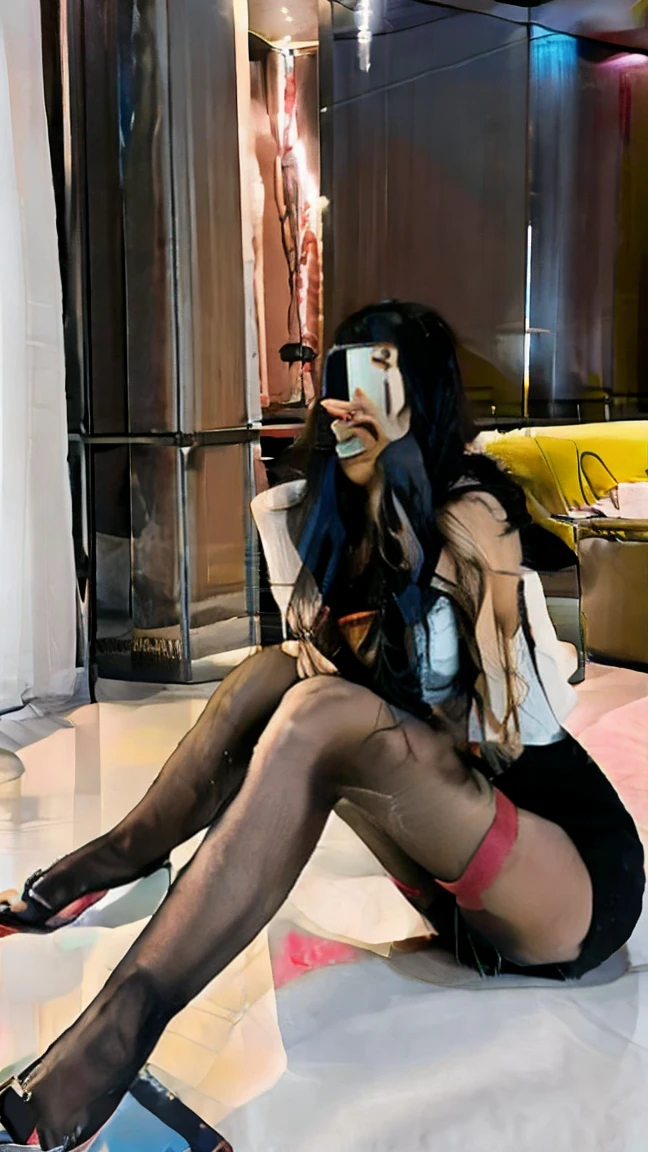 a beautiful asian woman taking a selfie on a mobile phone in a bedroom,super realistic,white skin tone,152cm,42KG,65E cup,loose medium length hair,tight white low-cut top,black shorts:1.2,best quality,4k,8k,highres,masterpiece:1.2,ultra-detailed,realistic,photorealistic,photo-realistic:1.37,HDR,UHD,studio lighting,ultra-fine painting,sharp focus,physically-based rendering,extreme detail description,professional,vivid colors,bokeh,portrait,Wear BLACK stockings