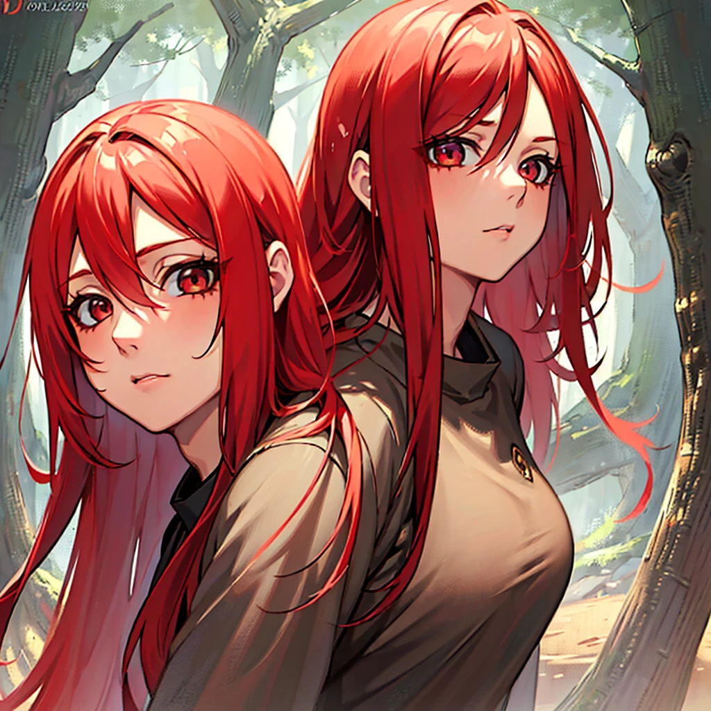 "Masterpiece, high quality, (cheered up), Best Quality, 1 girl, dynamic lighting, simple background, Red hair, Red eyes, ((15 years)), beautiful face, pretty eyes, beautiful background, (((Very detailed eyes and face.))), session, dynamic pose, forest background, upset expression.
