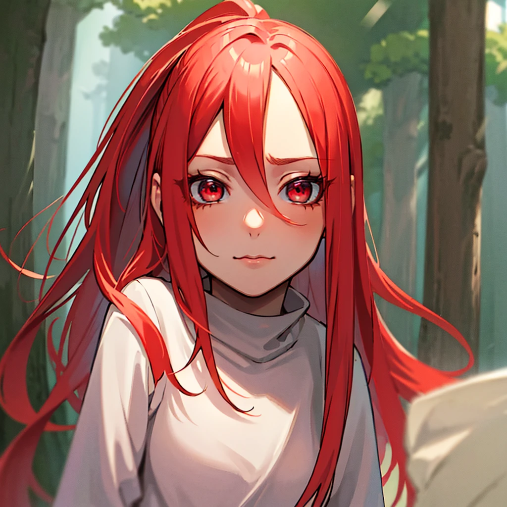 "Masterpiece, high quality, (cheered up), Best Quality, 1 girl, dynamic lighting, simple background, Red hair, Red eyes, ((15 years)), beautiful face, pretty eyes, beautiful background, (((Very detailed eyes and face.))), session, dynamic pose, forest background, upset expression.
