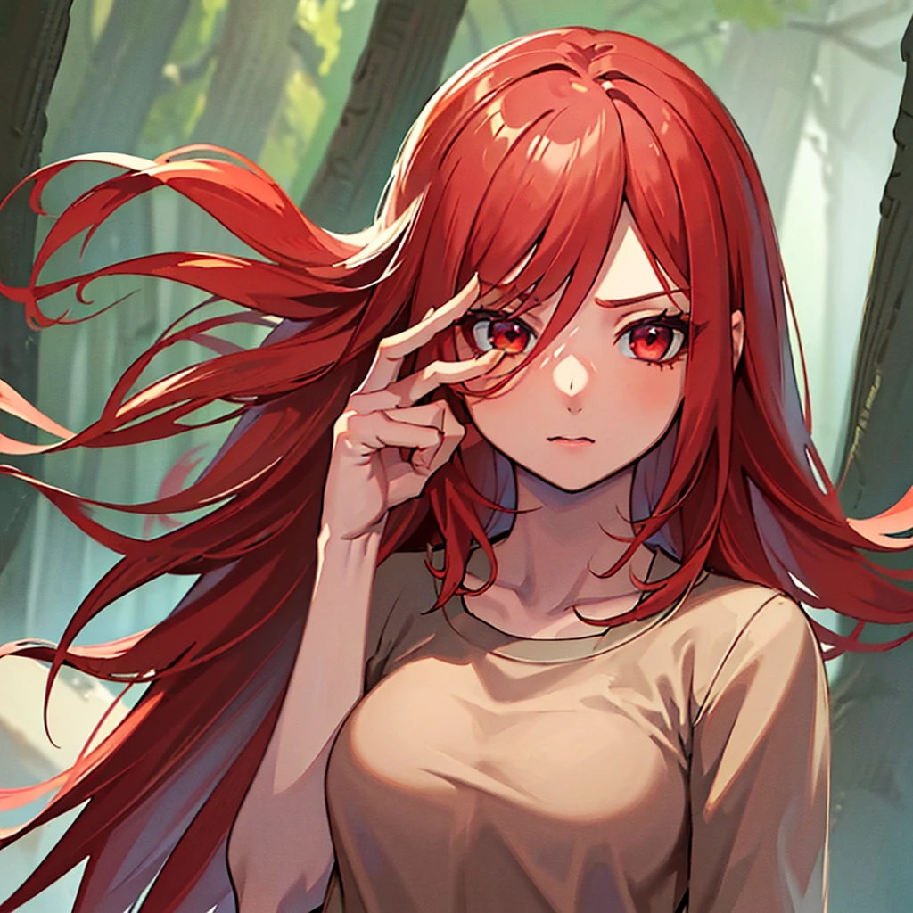 "Masterpiece, high quality, (cheered up), Best Quality, 1 girl, dynamic lighting, simple background, Red hair, Red eyes, ((s)), beautiful face, pretty eyes, beautiful background, (((Very detailed eyes and face.))), session, dynamic pose, forest background, upset expression.