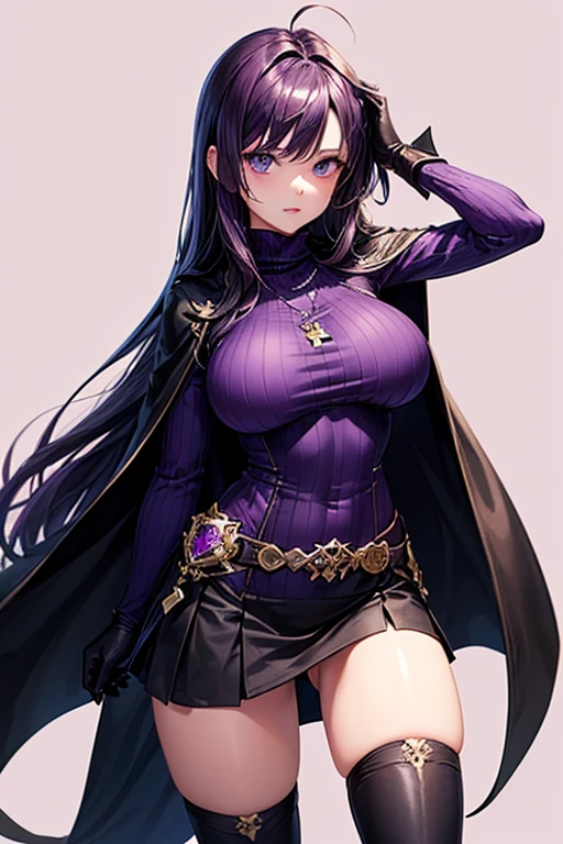 masterpiece, Highest quality, Unreal Engine, Super Resolution, Very detailed,
1 Girl, malaria, Quiz Magic Academy, blue eyes, length, Narrow eyes, Waist, thin, (Muscular:0.8), Round Breasts, Big Breasts, bold, Lips parted, Observe the audience,
Are standing, Sexy pose, Waistショット,
Magic Class, Simple background anime style, Key Visual,
malaria, ((long hair of dark purple color:1.5)), ((Purple Dress)), ((Black Linen Skirt)), (Black Short Cape), (((Pink turtleneck hush net suit))), ((Pink long gloves)), Black long boots, Sticky with sweat,