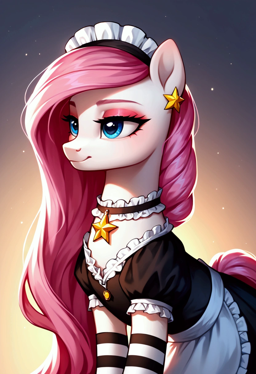 score_9,score_8_up,score_7_up,score_6_up, ((my little pony)), radiant lighting, vibrant colors, whimsical atmosphere, 8K, high resolution, highly detailed, masterpiece, ((brightness white body)), blue eyes, (maid costume), striped stockings, star pendant, earrings, eyeshadow, (very long pink hair:1.3), (((exciting escort:1.4)))
