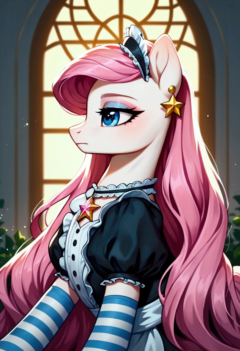 score_9,score_8_up,score_7_up,score_6_up, ((my little pony)), radiant lighting, vibrant colors, whimsical atmosphere, 8K, high resolution, highly detailed, masterpiece, ((brightness white body)), blue eyes, (maid costume), striped stockings, star pendant, earrings, eyeshadow, (very long pink hair:1.3), (((exciting escort:1.4)))