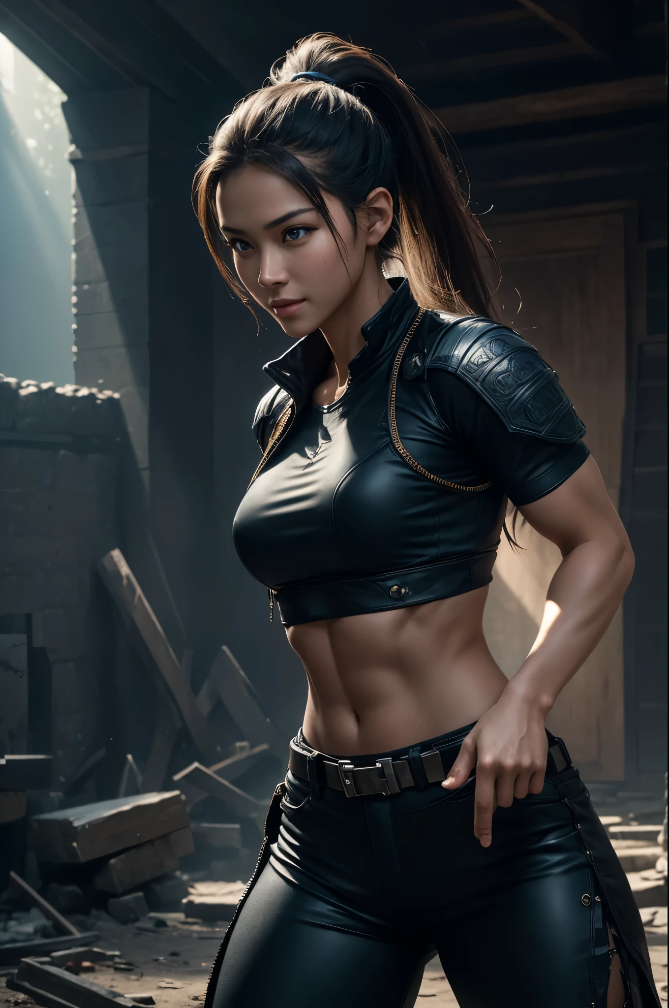8K,younger sister,so beautiful(Like the real thing),Toned, muscular body,sexy,clear narrow eyes,black eye,Cool smile,Blue combat jacket,Black Shirt,Black combat pants,short,Compensate,Ultra-Realistic Skin,compensate,masterpiece,Photorealistic RAW photos of the highest quality。Bright colors,Rich colors, Backlight, Cinema Lighting, Film Grain, 50mm lens, Nikon D850,Detailed character art,Fantasy art,Ultra-high resolution,Ultra-Realistic Skin,Perfect hand shape,In front of the abandoned temple,Beautiful expression,close,Very small breasts,Muscular Beauty,Dynamic fighting pose,ponytail,