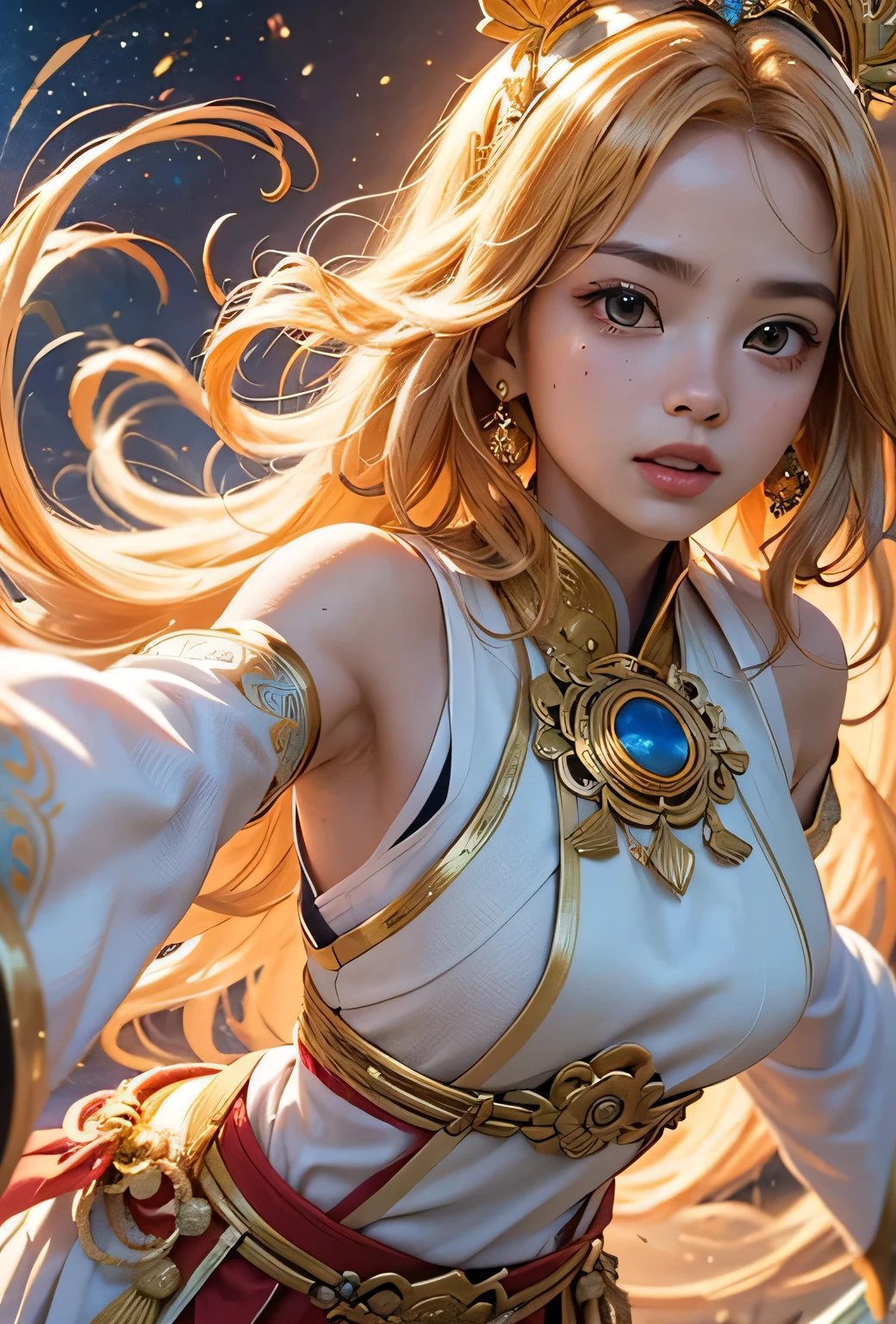 "Child of the Sun, Goddess of Love": Within a sacred sanctuary bathed in sunlight, depict the figure of a sun goddess who governs love, facing forward and emanating divine radiance. She is a , around . Zoom in to focus on her face, with a gleaming orb of light in her hands, representing the life-giving power of the sun. Her hair is shimmering gold, and she is wearing a traditional miko outfit as seen in Japanese shrines. The background should be predominantly gold, evoking a sense of divine splendor, with numerous heart-themed objects expressing the beauty of love. The setting is in heaven, enveloped in soft, bright light, where one can find tranquility and peace of mind, free from any trace of anxiety.Straight-on.